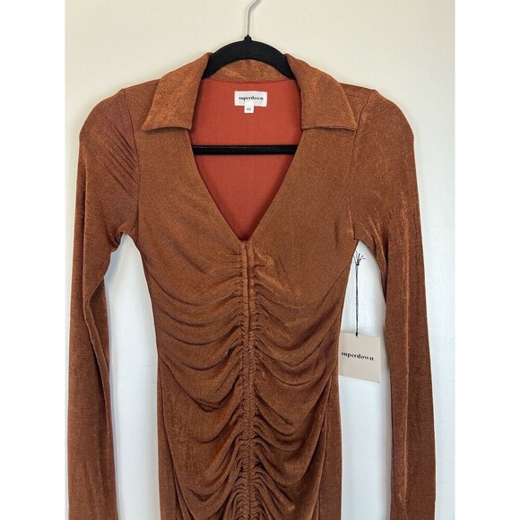 Revolve Superdown Penelope Long Sleeve Ruched Dress Metallic Gold Size XS NWT - Picture 2 of 7